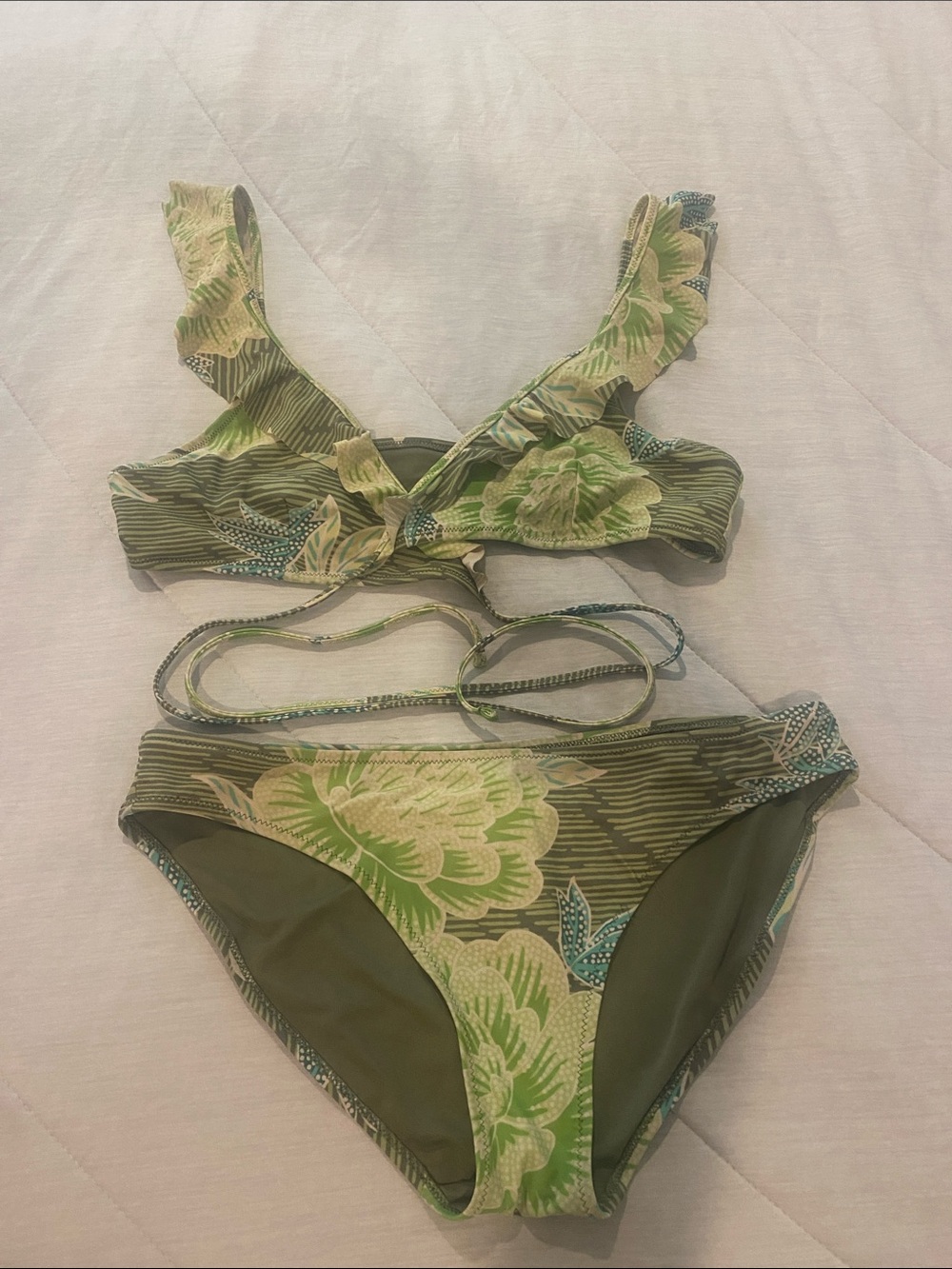 aerie Olive Green Floral-Trim Bikini FULL SET